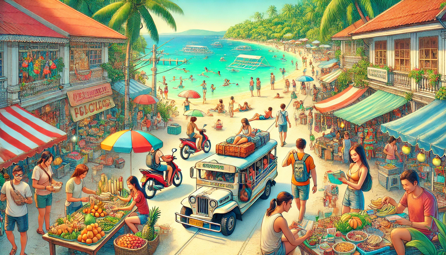 세부의 해변을 배경으로 저렴하게 여행을 즐기는 사람들의 모습, 현지 시장과 저렴한 교통수단을 이용하는 장면