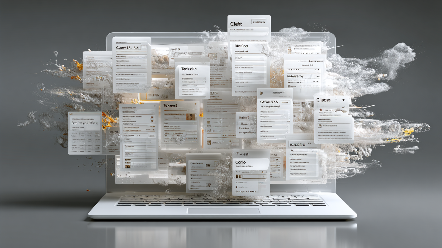Laptop screen overflowing with dozens of Chrome tabs and windows, symbolizing tab overload.