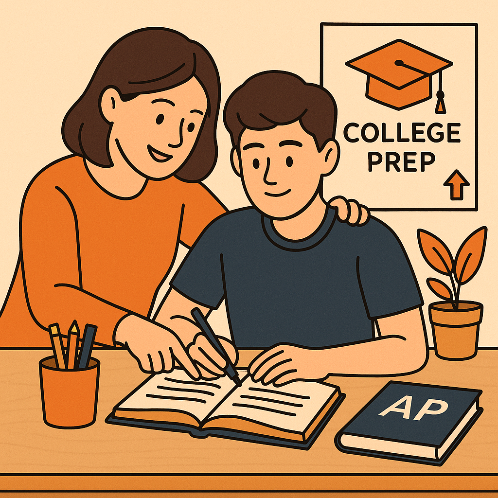 대학 진학을 준비하며 책상에 앉아 대화하는 엄마와 고등학생 자녀