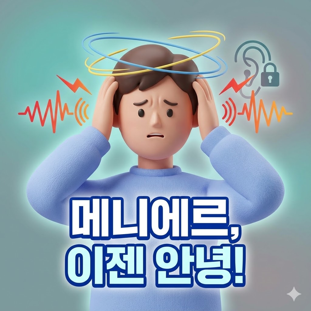 메니에르 병으로 어지럼증과 이명을 겪는 사람의 3D 카툰 일러스트. '메니에르, 이젠 안녕!'이라는 문구가 시선을 사로잡는다.