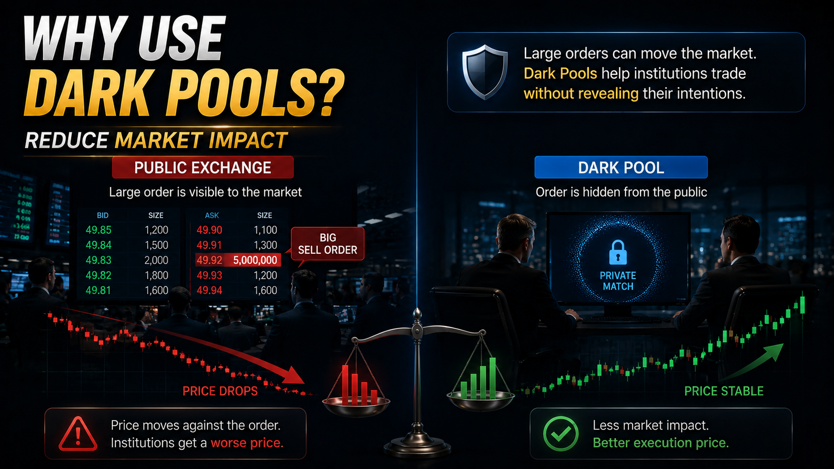 Comparison of public exchange trading and Dark Pool trading to minimize market impact from large institutional orders.
