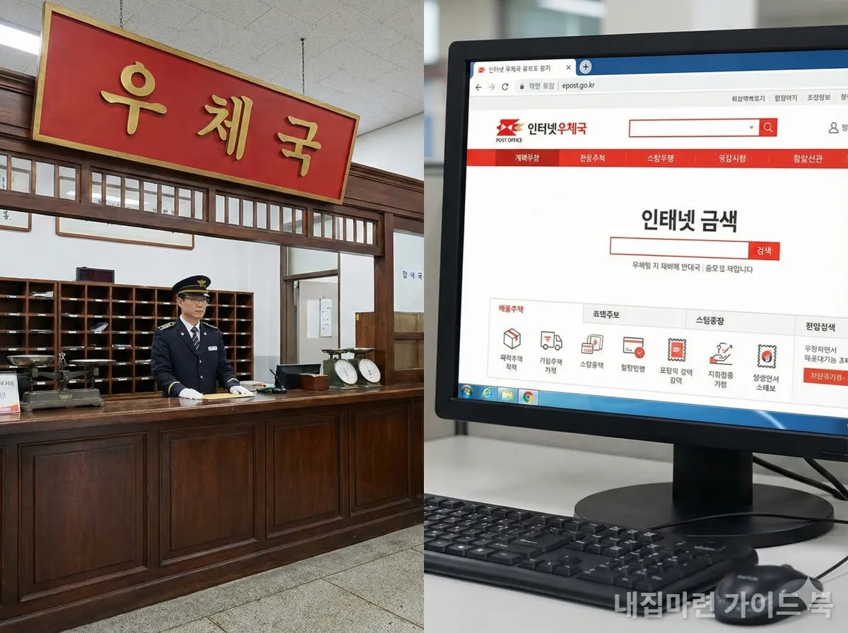 우체국 창구와 인터넷 우체국 홈페이지 비교 이미지