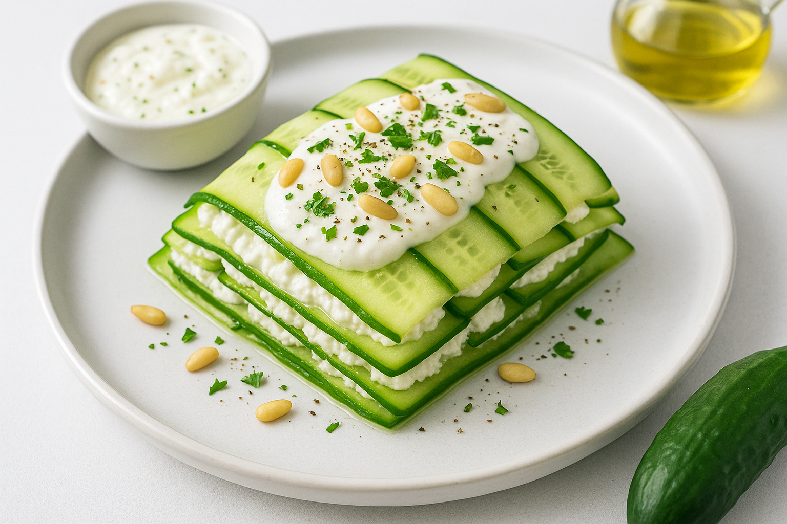 "크리미한 소스와 함께 플레이팅된 완성된 오이 라자냐, 파슬리와 토마토소스를 곁들인 상차림"