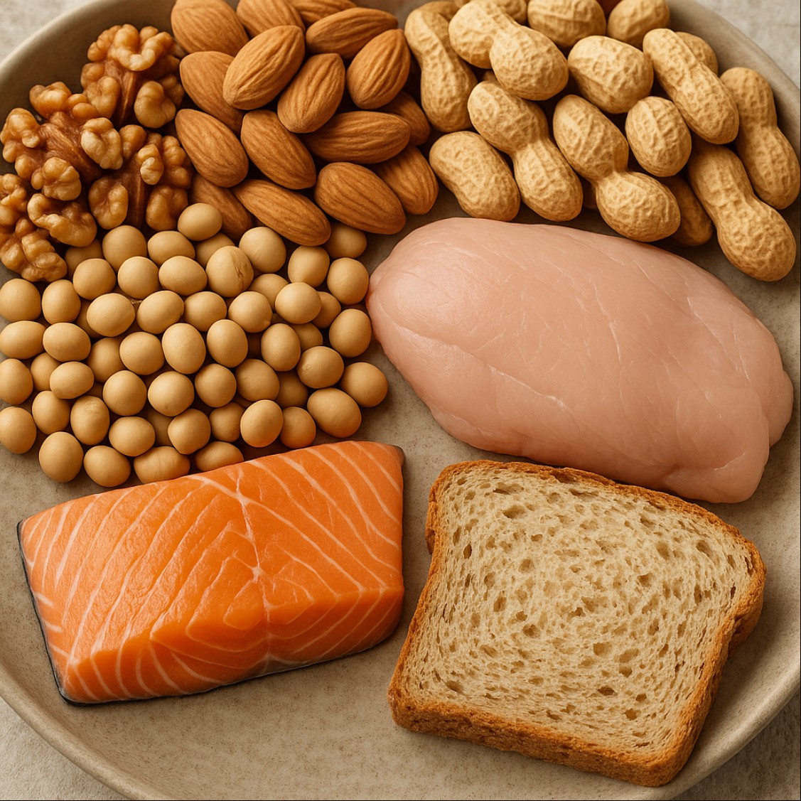 아르기닌이 풍부한 식품으로 호두, 아몬드, 땅콩 같은 견과류와 콩, 닭가슴살, 연어, 통곡빵이 접시에 담긴 모습