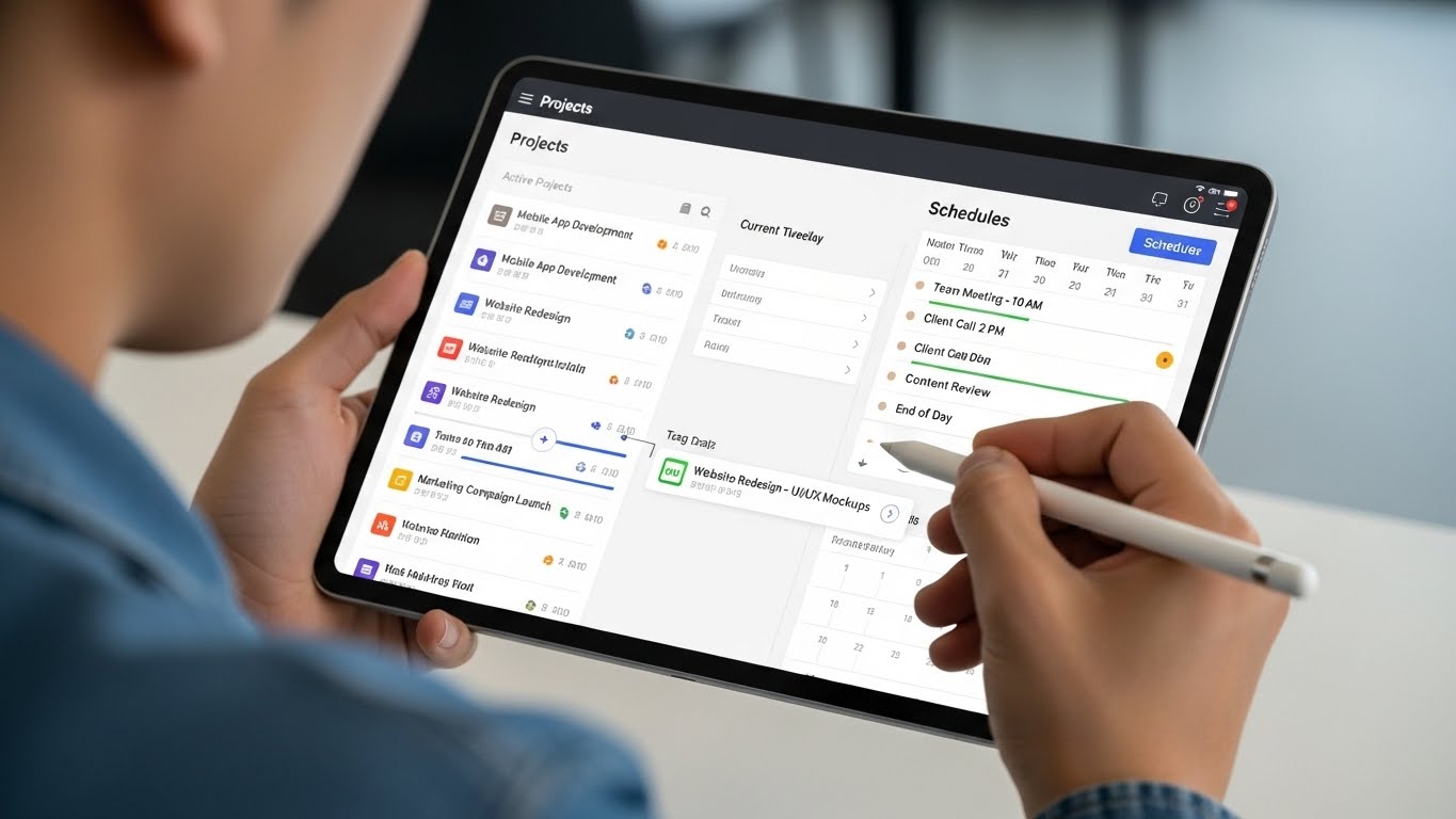 태블릿 PC를 활용하여 노션 대시보드의 레이아웃을 직관적으로 배치하고 수정하는 한국 사용자의 손길