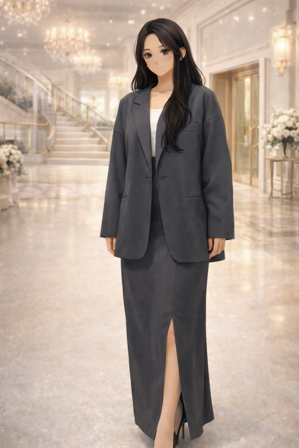 long skirt suit set elegant outfit
classic formal skirt suit look
wedding guest long skirt suit style