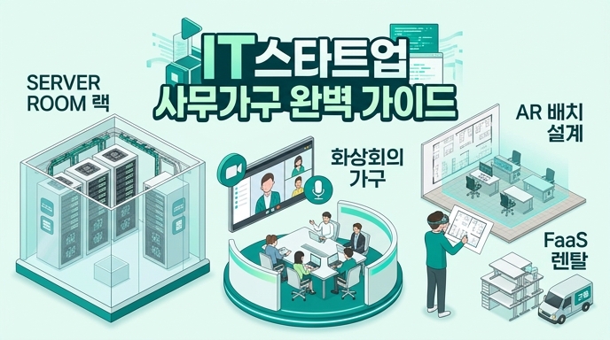 IT 스타트업을 위한 완벽한 사무가구 가이드를 시각화한 썸네일 이미지. 왼쪽에는 서버룸 랙 캐비닛과 네트워크 인프라, 중앙에는 화상회의 시스템과 협업 가구, 오른쪽에는 AR(증강현실) 앱을 활용한 사무실 가구 배치 설계와 FaaS(Furniture as a Service) 렌탈 서비스를 보여주는 구독 아이콘과 배송 차량이 배치되어 있습니다. 현대적이고 깨끗한 3D 스타일로 표현되었습니다.