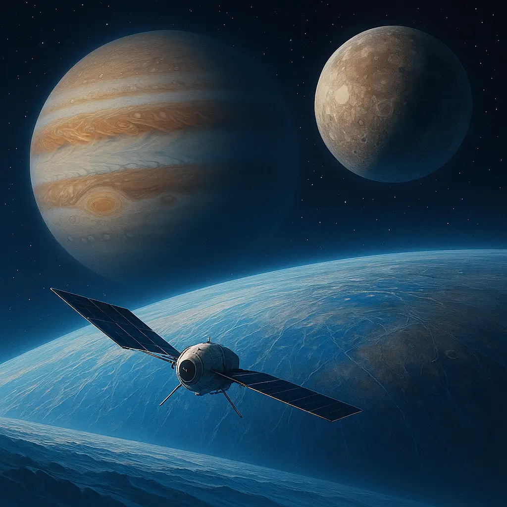 ESA JUICE 탐사선이 유로파와 가니메데를 탐사하는 우주 일러스트