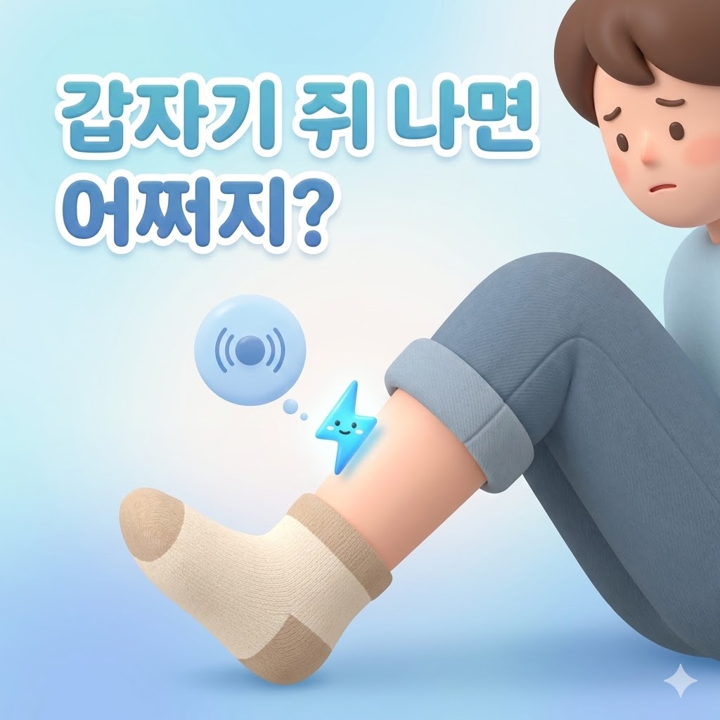 다리에 귀여운 전기 스파크가 튀는 듯한 일러스트와 "갑자기 쥐 나면 어쩌지?" 문구가 있는 이미지.