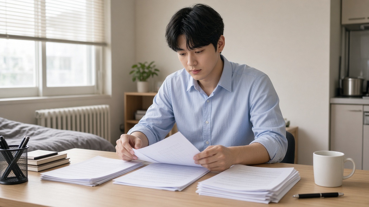 원룸 책상에서 월세 이체 내역과 임대차계약서를 정리하는 20대 한국인 직장인