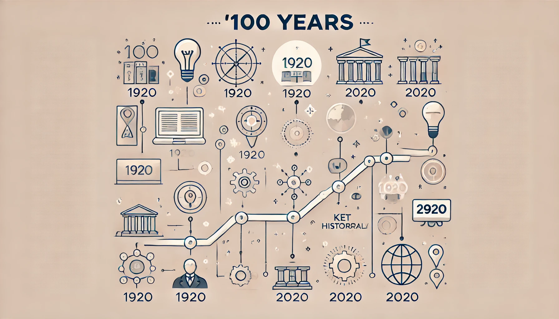 100년이라는 주제를 표현한 심플하고 깔끔한 이미지. 1920년부터 2020년까지 이어지는 타임라인, 주요 역사적 아이콘과 한 세기 동안의 발전을 상징하는 미니멀한 요소들을 포함해 시간의 흐름과 역사적 이정표를 현대적이고 전문적인 디자인으로 전달.