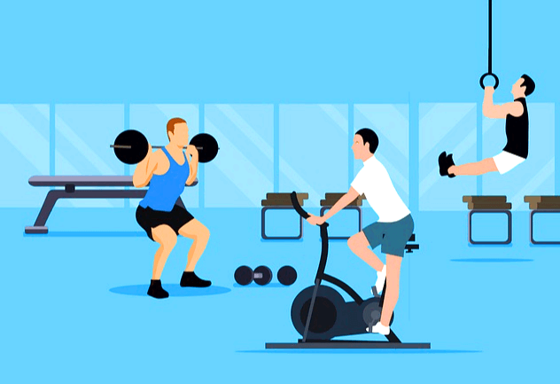 3명의 젊은 남자가 헬스장에서 운동하고 있다. 역도를 잡고 어깨 근처에서 드는 남자, 줄을 잡고있는 남자, 자전거를 타는 남자다.
