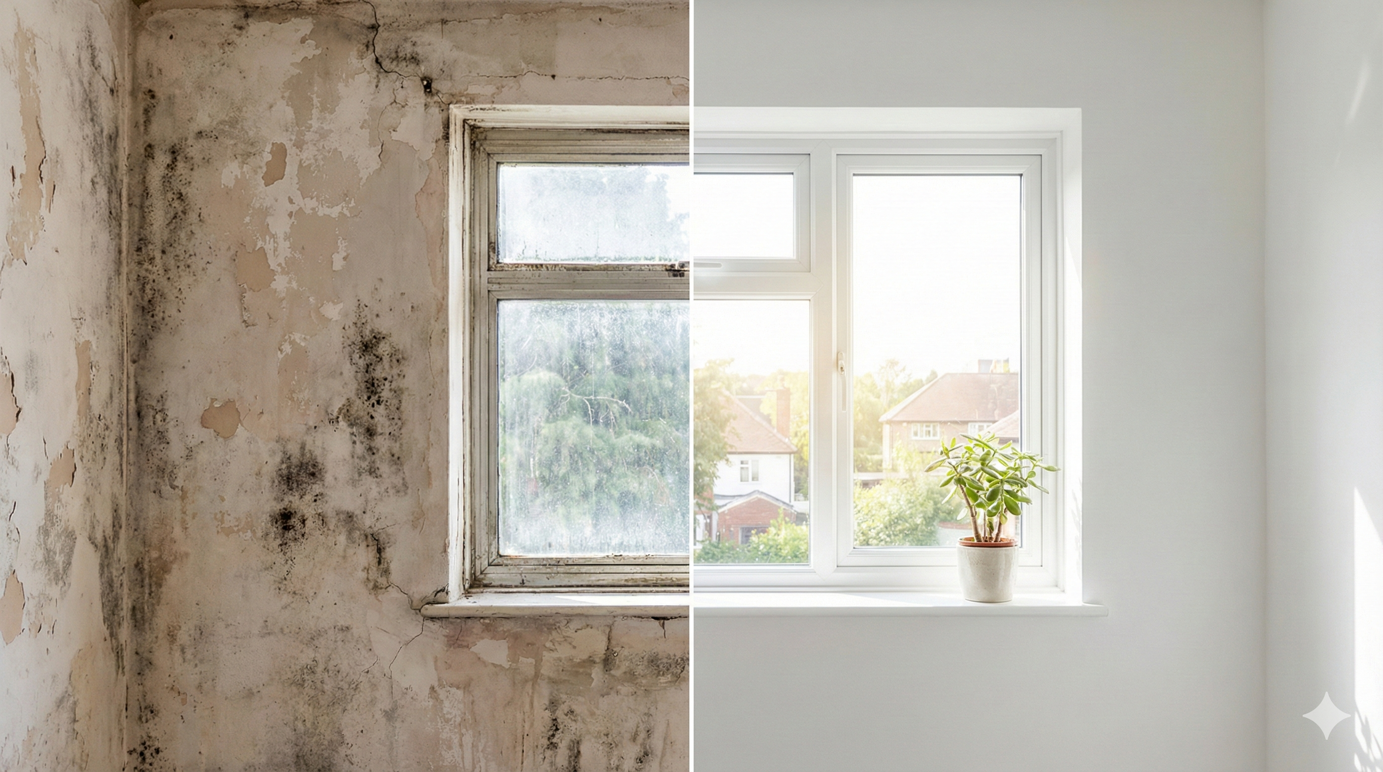 왼쪽에는 곰팡이가 슬고 벽지가 뜯어진 낡은 벽, 오른쪽에는 단열 시공 후 깨끗하게 도배된 벽을 비교한 비포/애프터 사진