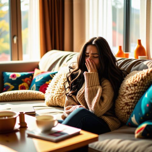 젊은 여성이 소파에 앉아 기침을 하고 있다.