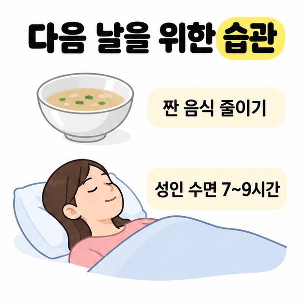 짠 음식 줄이기를 나타낸 국그릇과 베개를 베고 잠든 사람, 성인 수면 일곱 시간에서 아홉 시간 안내