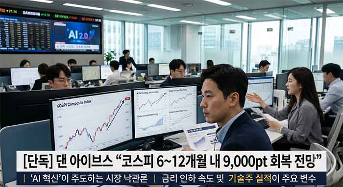 여의도 증권가 사무실에서 전문가들이 AI 코스피 상승 차트를 분석하는 모습입니다.