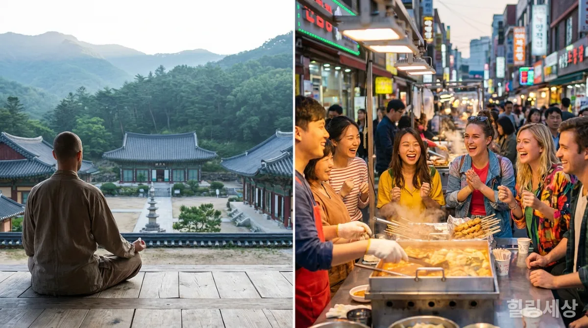 조용한 사찰에서 명상하는 사람과 북적이는 시장에서 즐거워하는 친구들