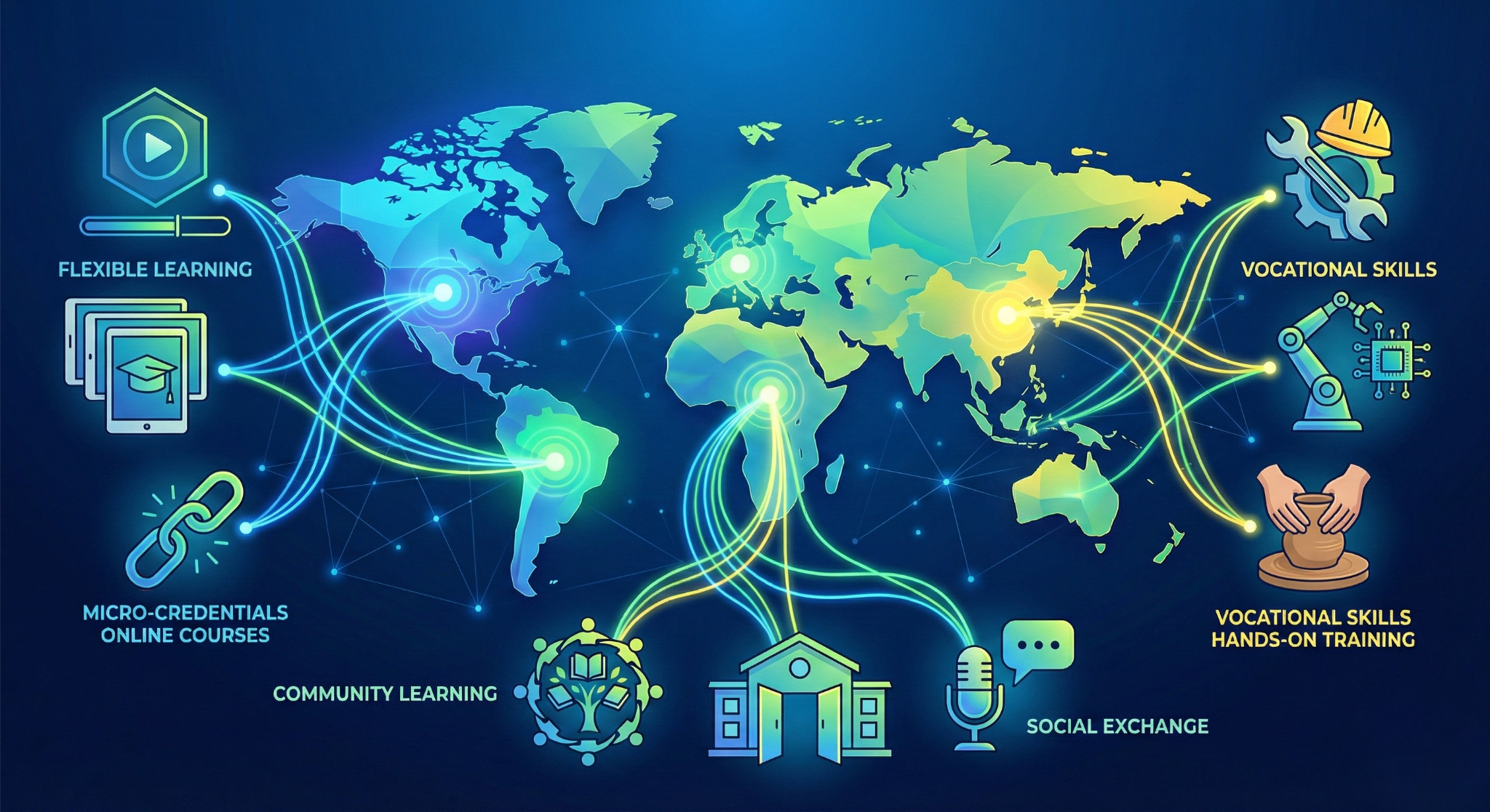 전 세계의 다양한 평생교육 트렌드를 보여주는 추상적인 지도 일러스트. 유연한 학습, 직업 훈련, 지역 사회 학습 등 글로벌 학습 기회를 상징합니다.