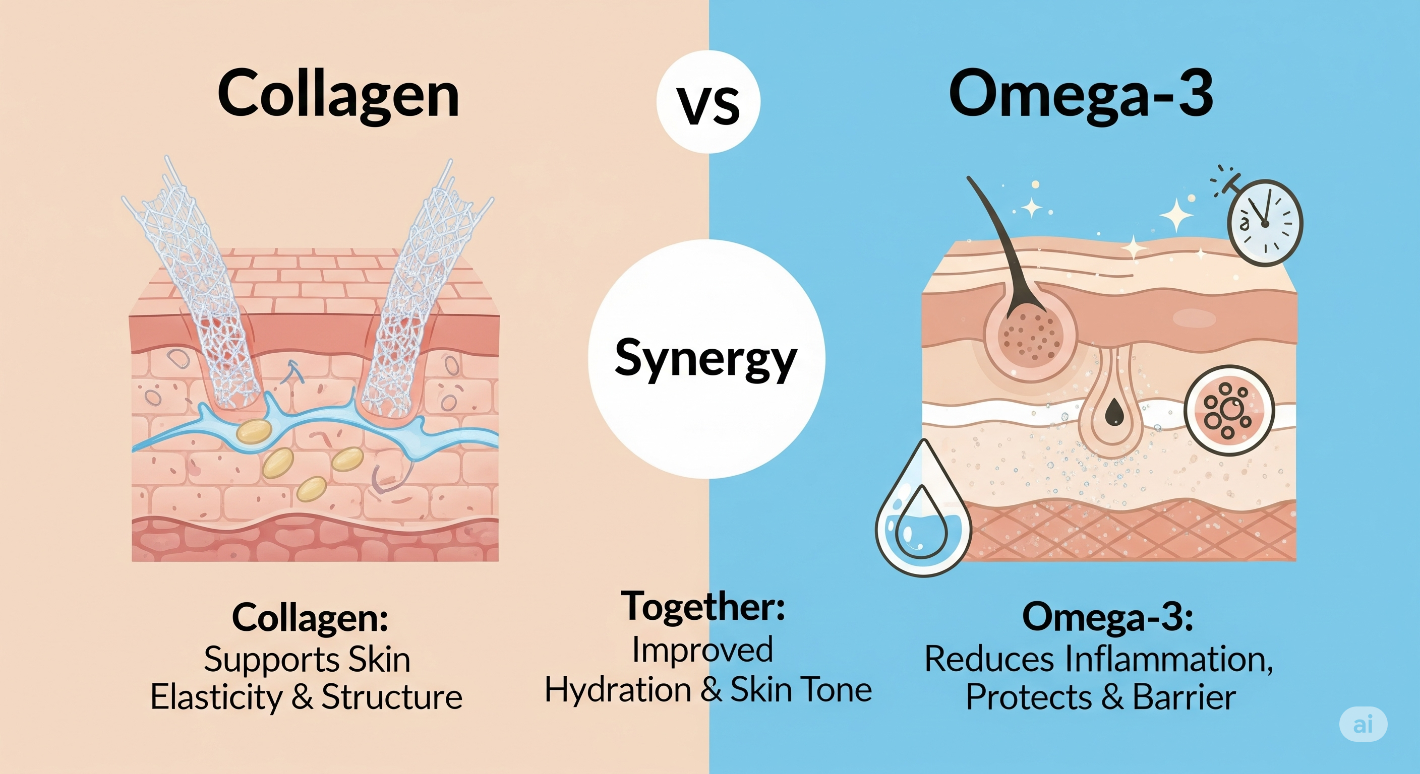 &quot;피부 - 콜라겐의 탄력 vs 오메가3의 항염 효과&quot;에 대한 이미지입니다.