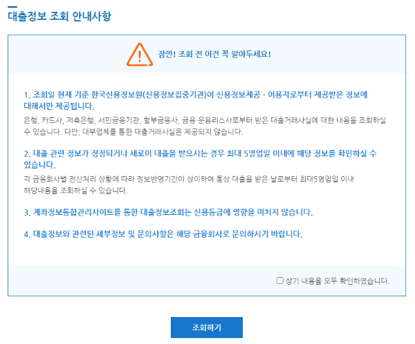 대출정보 조회 안내사항