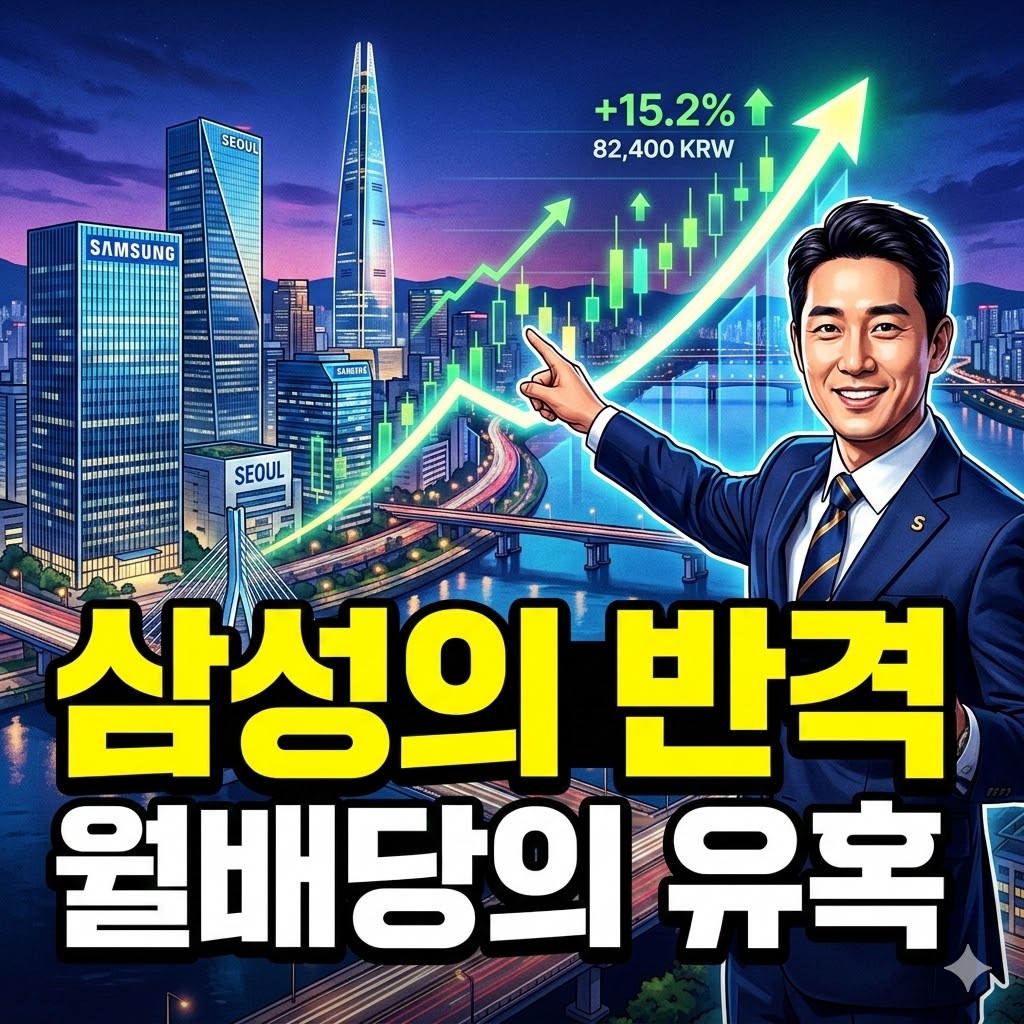 상승하는 그래프와 빌딩 배경 위로 삼성의 반격이라는 노란색 굵은 텍스트가 적힌 썸네일