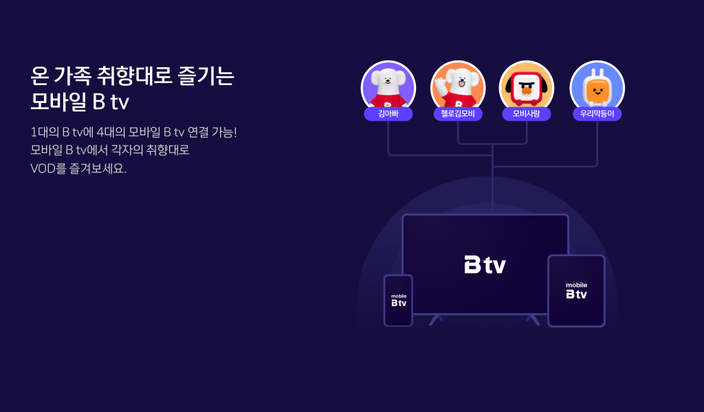 모바일 B tv, 영화, 방송, 키즈 VOD 보기