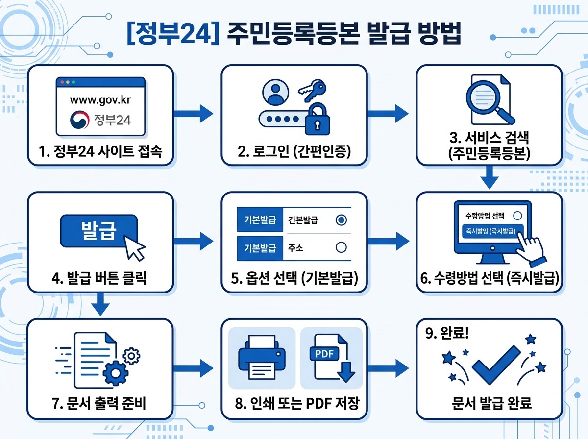 alt="정부24 주민등록등본 인터넷 발급 단계별 인포그래픽"