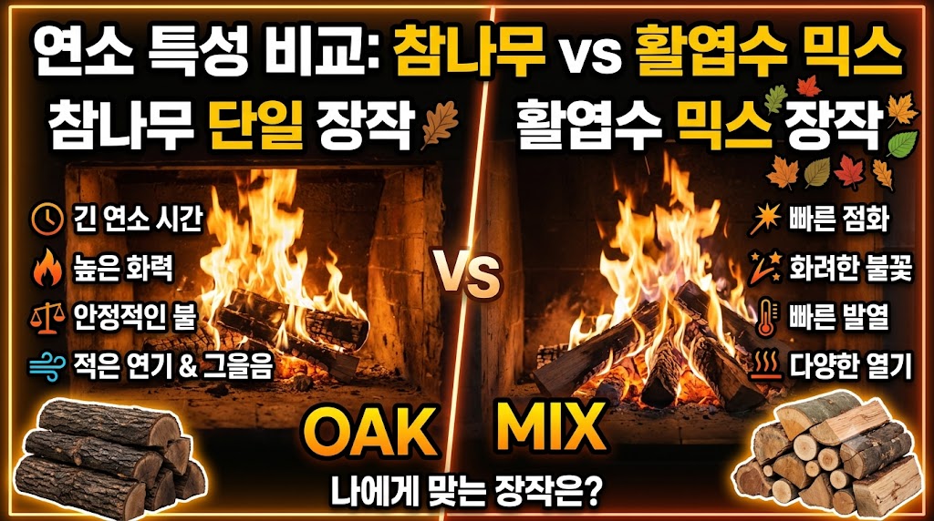 참나무 장작과 활엽수 믹스 장작 비교