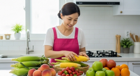 초당옥수수를 정리하는 주부와 주방에 놓인 상큼한 여름 과일들