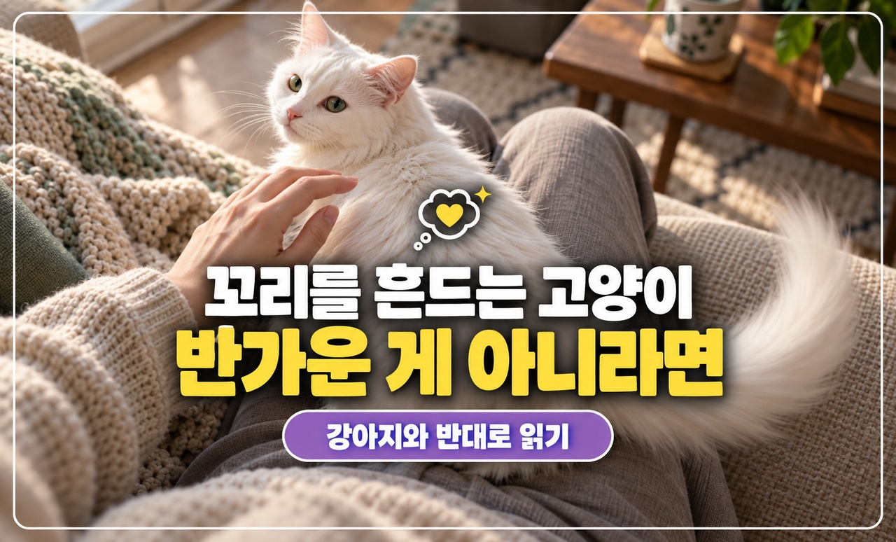무릎 위에서 꼬리를 좌우로 치는 흰 고양이와 멈춘 손