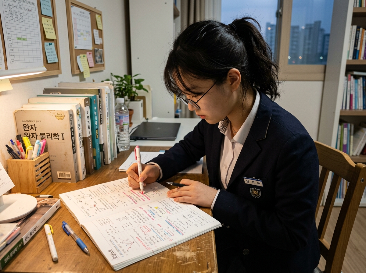 과학 오답 노트를 꼼꼼하게 검토하며 실수 유형을 분석하는 한국 학생