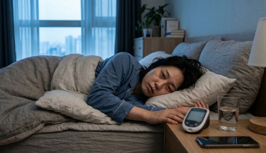 수면 부족으로 피곤한 여성과 침대 옆 혈당 측정기