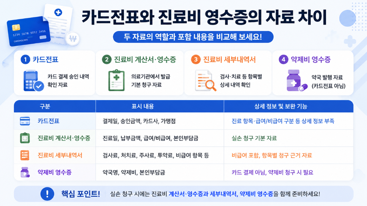 카드전표와 진료비 영수증의 자료 차이 및 실손 청구 사용 기준을 비교한 의료비 서류 인포그래픽