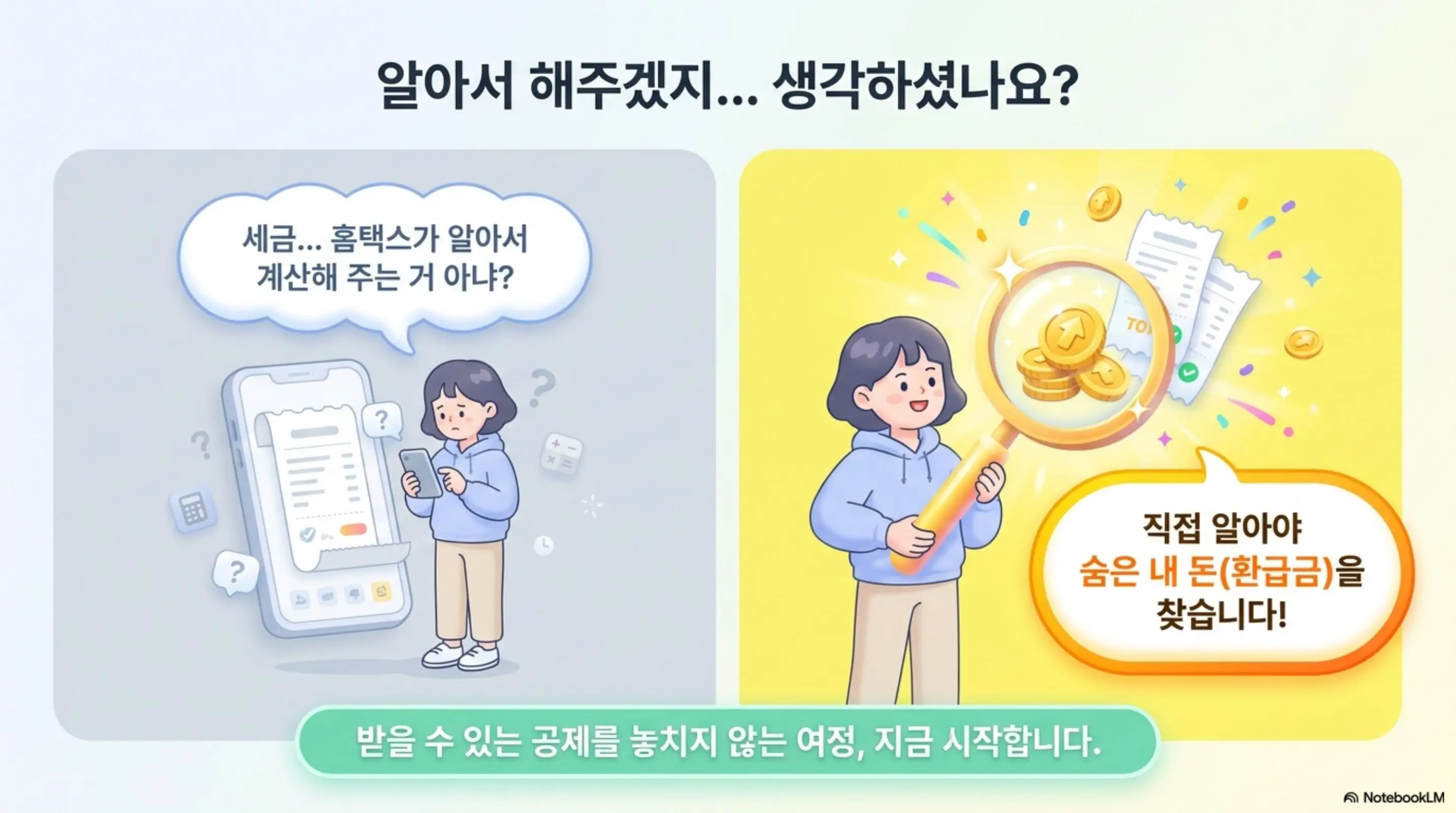 종합소득세 계산: &rsquo;세금&hellip; 홈택스가 알아서 계산해 주는 거 아냐?&amp;#39;라는 질문과 &amp;#39;직접 알아야 숨은 내 돈(환급금)을 찾습니다!&amp;#39;라는 답변이 포함된 웹배너 이미지. 이 이미지는 종합소득세 계산을 홈택스에만 맡기지 않고 직접 이해해야 공제를 놓치지 않는다는 내용을 시각적으로 전달하며&amp;#44; 블로그의 종합소득세 세금 계산법과 관련된 내용을 설명함