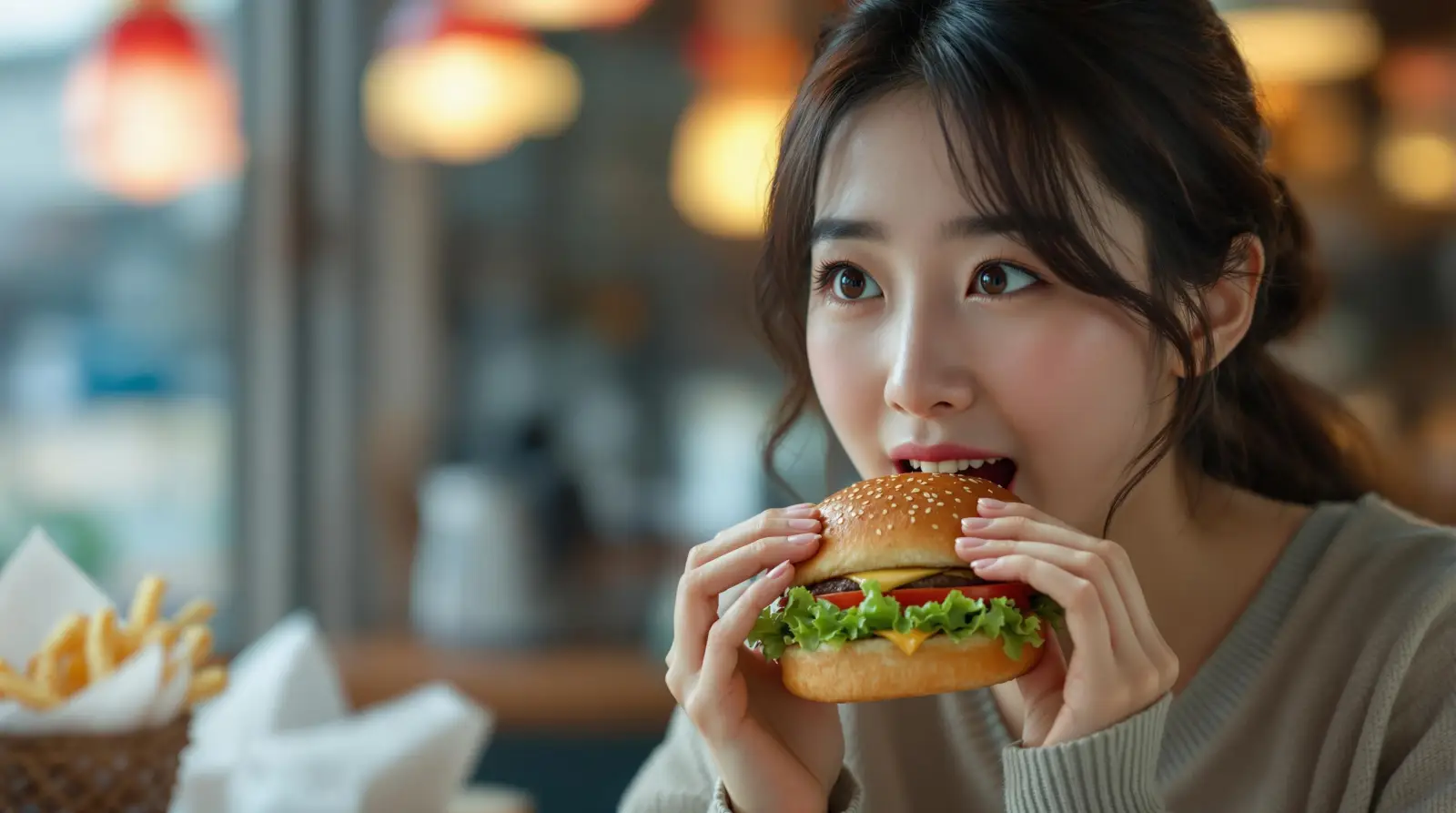 햄버거를 먹는 여성
