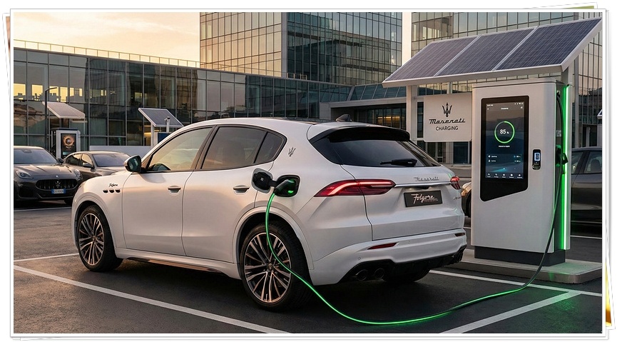 마세라티 그레칼레 폴고레 전기 SUV 충전소에서 충전 중인 이미지