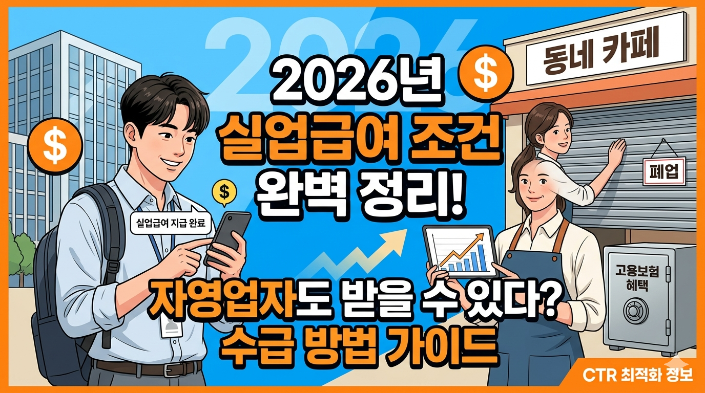 2026년 실업급여 수급 조건을 설명하는 인포그래픽과 서류를 검토하며 미소 짓는 자영업자의 모습, 고용보험 혜택 강조 이미지