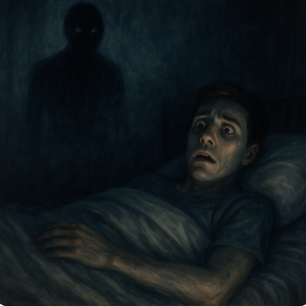 침대에 누워 공포에 질린 인물과 그의 곁을 서성이는 그림자 같은 존재로 가위눌림 현상을 시각적으로 표현한 이미지