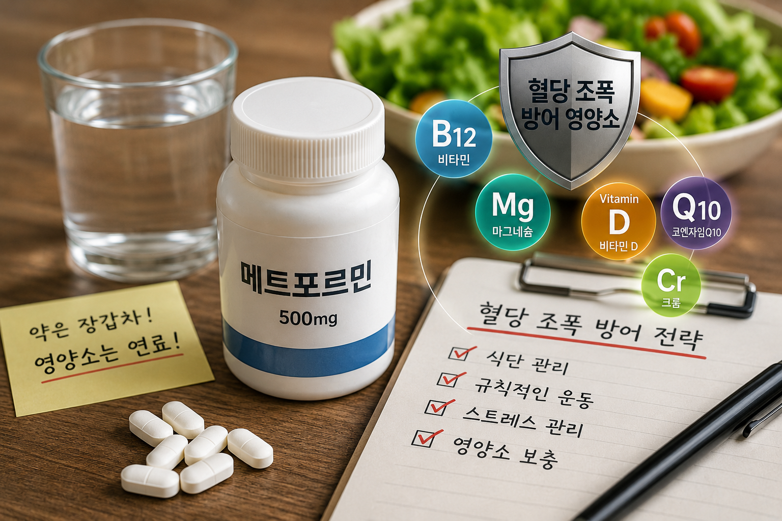 메트포르민을 복용하는 당뇨 환자가 비타민 B12, 마그네슘, 비타민 D 등 필수 영양소를 함께 관리하는 건강 관리 이미지