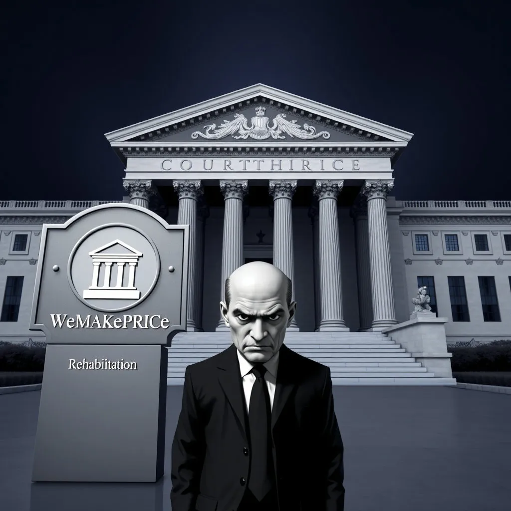 위메프 로고가 법원 건물을 향해 조심스럽게 다가가거나, 법원 로고와 '회생'이라는 단어가 새겨진 팻말 앞에 서 있는 모습을 그립니다. 심각한 표정의 인물이 법원 문 앞에 서 있는 모습으로 절박함과 법적인 해결을 모색하는 상황을 나타낼 수 있습니다.