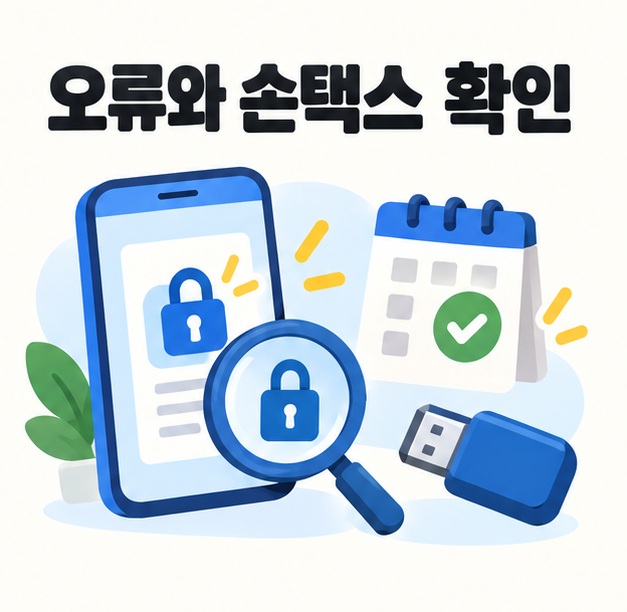 비밀번호와 유효 상태를 점검하고 손택스에서 인증서를 준비하는 그림
