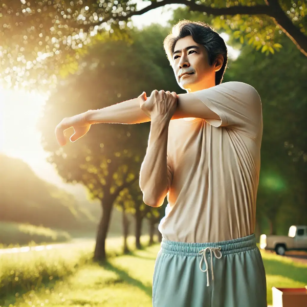 공원에서 아침 햇살을 받으며 가벼운 스트레칭으로 장 건강 회복 루틴을 실천하는 동양인 중년 남성의 초고해상도 사진
