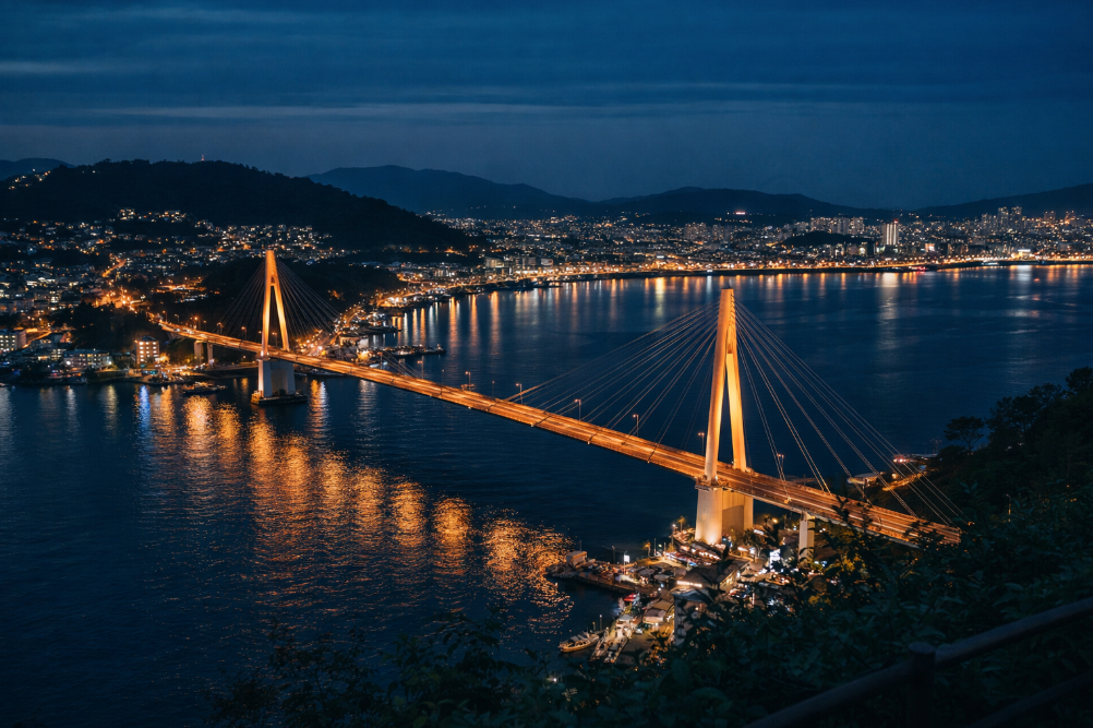 여수 돌산공원 전망대에서 바라본 돌산대교와 도시 야경 풍경