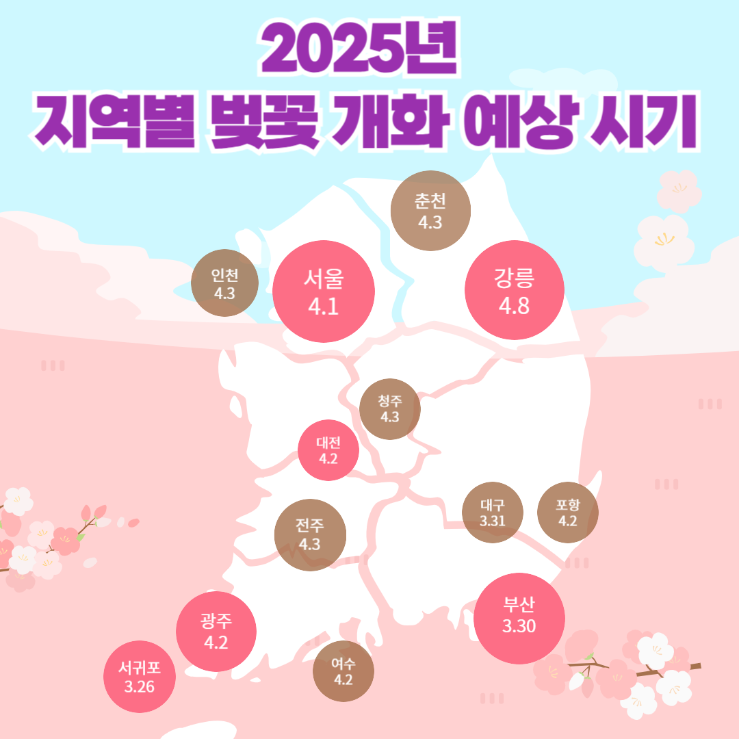 alt="2025년 전국 벚꽃 개화 예상 시기 지도, 지역별 개화 날짜 표시"
