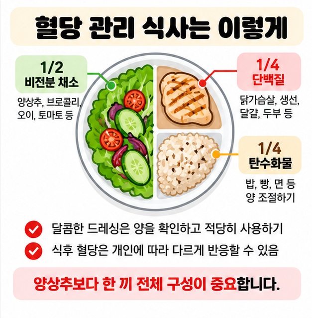 접시 절반 비전분 채소 단백질 적당한 탄수화물과 당이 많은 드레싱 줄이기를 혈당 관리 식사법으로 보여주는 카드