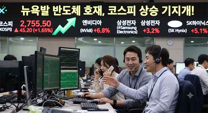 반도체 호재로 코스피 상승 중인 증권가 사무실.