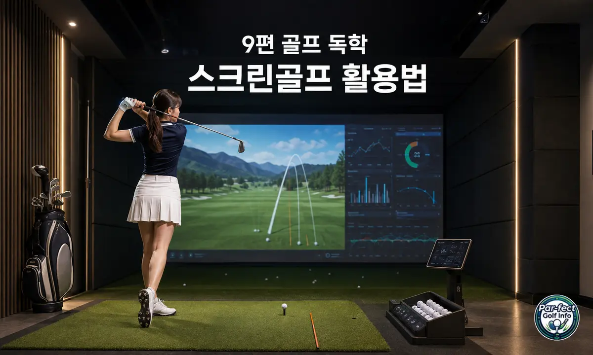 여성 골퍼가 스크린골프장에서 아이언 스윙을 연습하고 화면의 볼 궤적과 스윙 데이터를 확인하는 모습