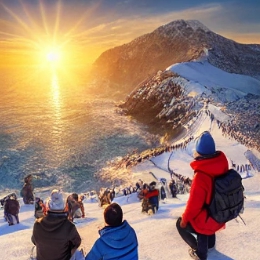 앞에는 바다가 있고 산에서 해돋이 보는 사람들