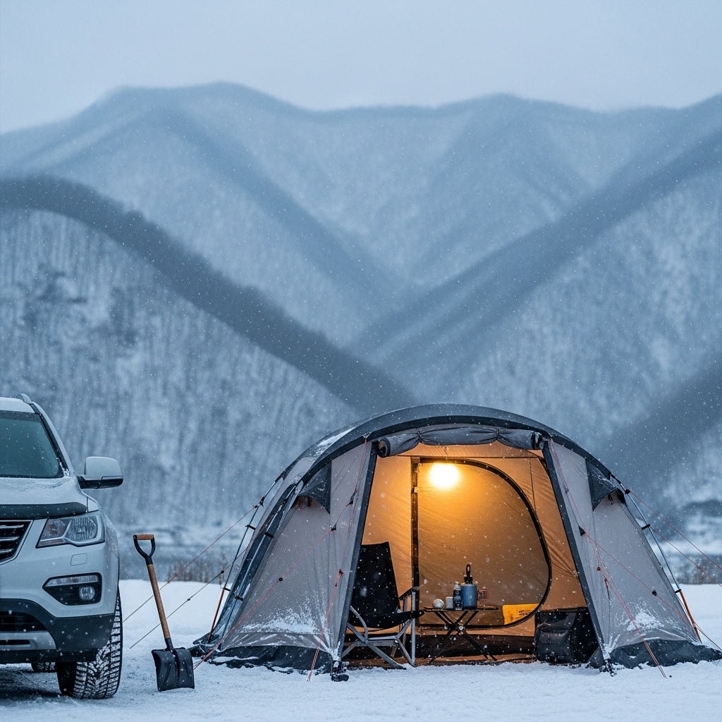 눈 덮인 강원도 산을 배경으로 따뜻한 겨울 텐트와 눈길 주차된 차량이 보이는 아늑한 겨울 캠핑 풍경