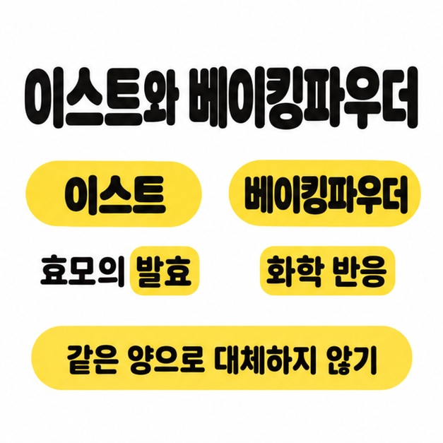 이스트의 효모 발효와 베이킹파우더의 화학 반응을 비교하고 같은 양으로 대체하지 않도록 안내하는 이미지
